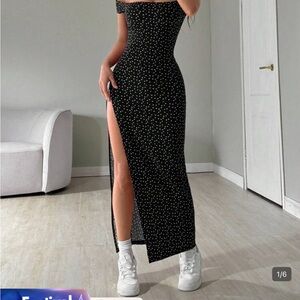 Off-Shoulder Black Polka Dot Maxi Dress with Side Slit